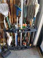 PLASTIC TOOL RACK WITH HOE, POST HOLE DIGGERS, CLE