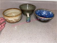 (3) Signed pottery bowls & toothpick holder (K)