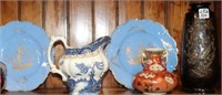 5pc Bronze Vase, handpainted Plates, Blue
