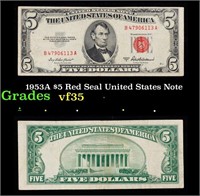 1953A $5 Red Seal United States Note Grades vf++