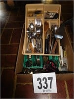 BOX OF SILVERWARE & COOKING IMPLEMENTS
