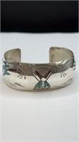 Sterling Turquoise & Coral Chip Inlay Bracelet