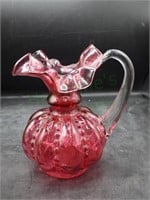 Fenton Cranberry 6" Ruffled Pitcher Clear Handle