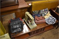 Sewing Machine, Hamper & Handbags As Found