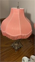 Vintage 29” Brass Lamp w Pink Fringe Works