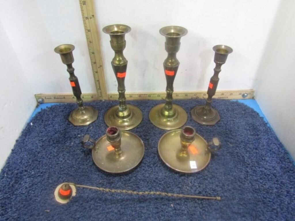 BRASS CANDLE HOLDERS & SNUFFER