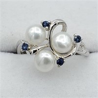 STERLING SILVER FRESHWATER PEARL & SAPPHIRE RING