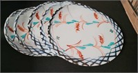 5 PC JAPANESE SMALL PLATES, BLUE/WHITE/RED PATTERN