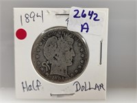 1894 90% Silver Barber Half $1 Dollar
