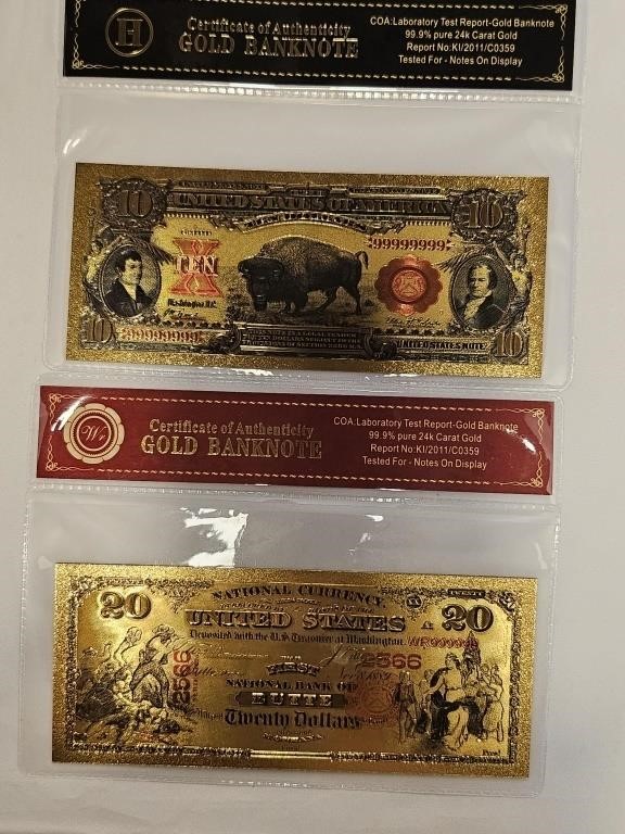 24k gold collectors bank notes $10&$20