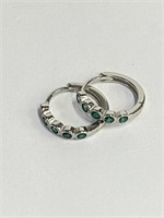 .925 Silver Emerald Hoop Earrings  L