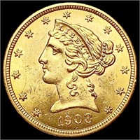 1908 $5 Gold Half Eagle UNCIRCULATED