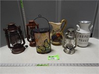 Battery and electric lanterns, painted pitcher, mi