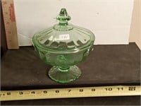 1930's green uranium glass candy dish & cover