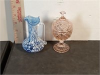 MCM blue & white glass mini pitcher + pink