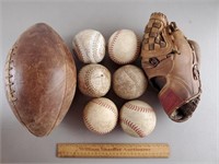 Vintage Football, Baseball Glove & Softballs