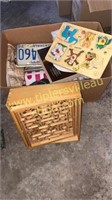 Vintage wood toys, license plates, Sears catalog