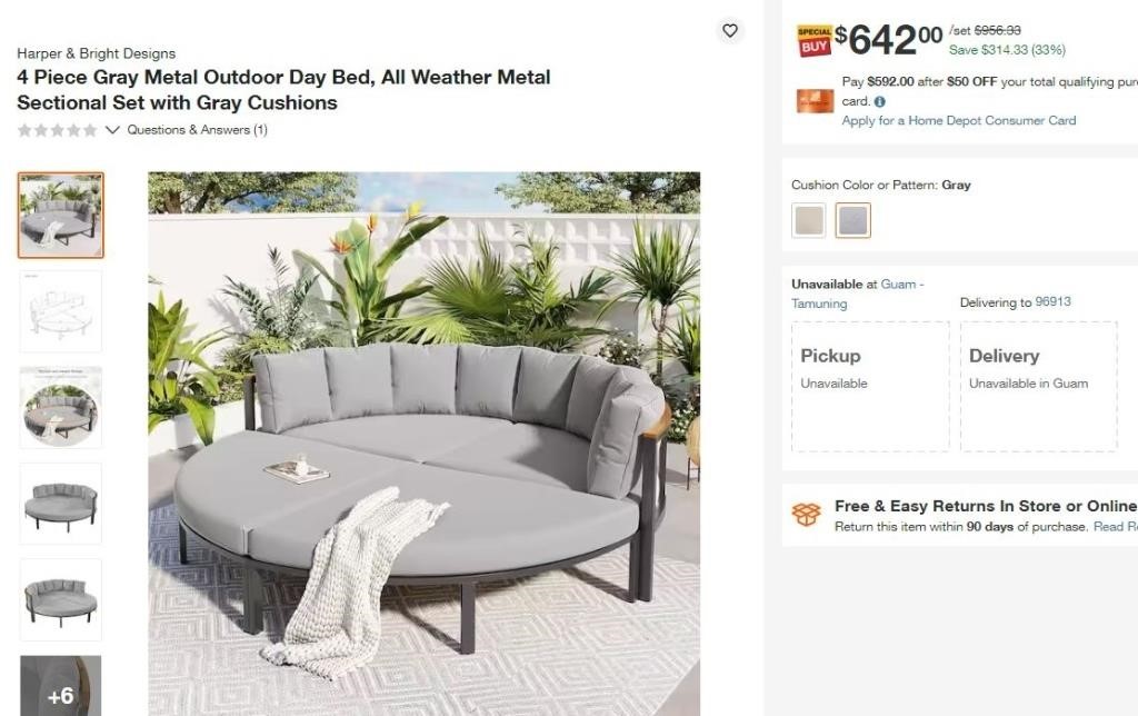 W1009 4 Piece Gray Metal Day Bed w/ Gray Cushions