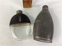 Early 1900’s Leather glass flask, WW tin canteen