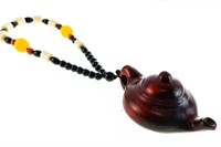 Hand Carved Mahogany Tea Pot w/ Obsidian Beads1