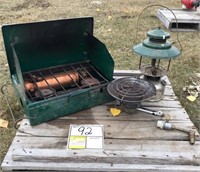 Sunflower heater, lantern, Coleman camp stove