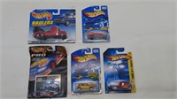 5 Hot Wheels cars and trucks