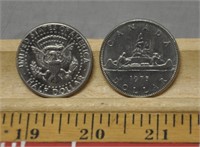 1971 US half dollar, 1975 Canada 1 dollar coins