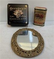 Sm Oval Framed Mirror, Hershey Tin & Ginger Tin