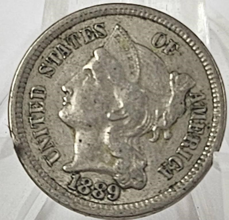 Key Last Year 1889 U.S. Three Cent Nickel F/VF
