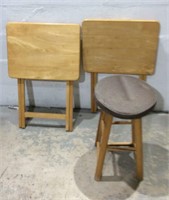 Pair of Wood Folding Tables & Stool K8C