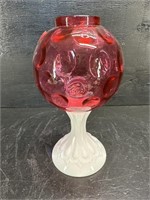 CRANBERRY COIN DOT IVY BALL VASE ON MILK GLASS;