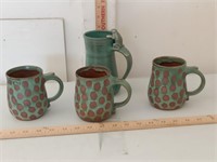 4 Funky Pottery Mugs 1 w/ Frog on Handle