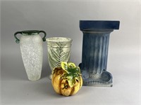 Pottery Pedestal & Glass Lot