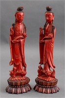 Chinese Red Cinnabar Guanyin and Dragon Figures, 2