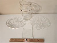 Glassware: Pitcher, Glass Plates, Trivet w/ an E