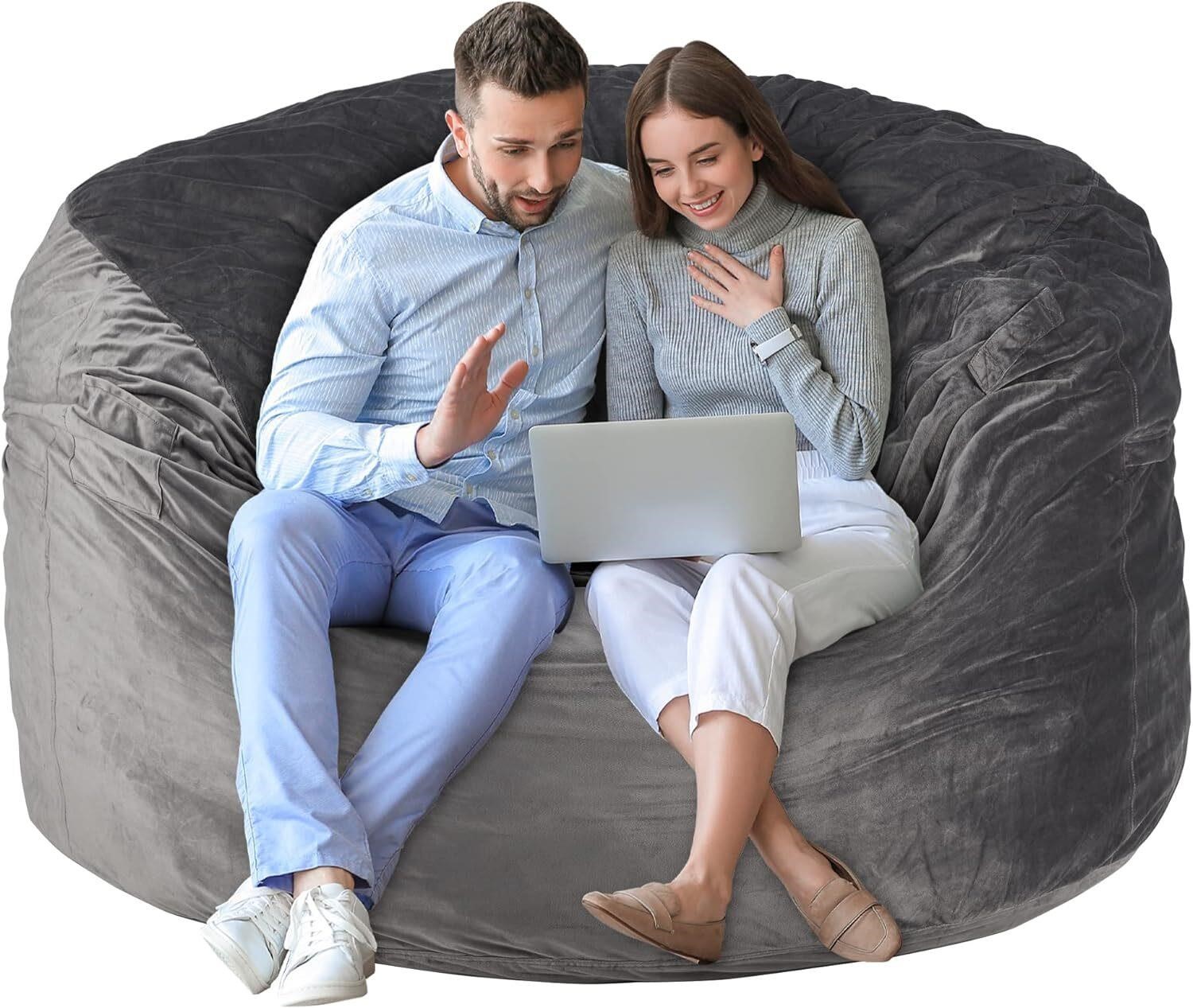 5Ft Giant Bean Bag Chair  Grey  Velvet Cover