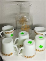 6 Pyrex Mugs with Glass Carafe