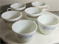 6 Pyrex Tea Cups Brown and Blue Designs (4+2