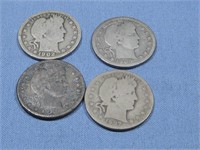 Four Barber Quarter Dollar Coins 90% Silver