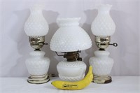 3 White Hobnail Milk Glass Elect.+ Victor Oil Lamp