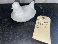 MILK GLASS CHICKEN BASKET