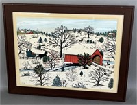 Framed watercolor winter scene by Hattie Brunner