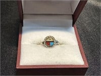 Zuni Sunface Ring Turquoise Coral and Pearl