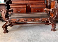 GORGEOUS ORNATE LEATHER AND WOOD BENCH