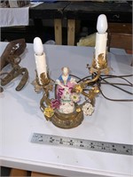 antique brass porcelain lamp with lady figurine