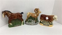 3 Ezra Brooks decanters. Horse, bull, and ram