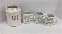 3 Rae Dunn collection coffee cups and rice jar no