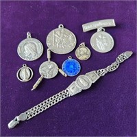 Sterling Silver Religious Medallions & Bracelet