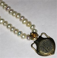 14k Gold & Pearl Necklace & Ancient Coin Pendant