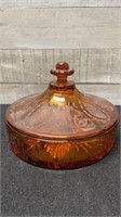 Vintage Etched Amber Glass Covered Divided Candy D